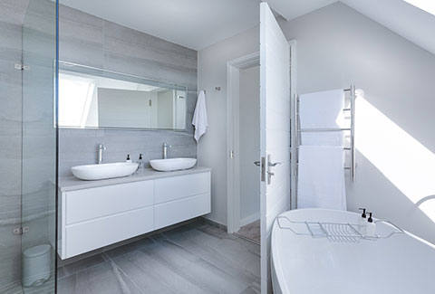 a white modern bathroom featuring Custom Bathroom Vanities in Las Vegas, Paradise, NV, Henderson, NV, Spring Valley, NV, Boulder City, NV